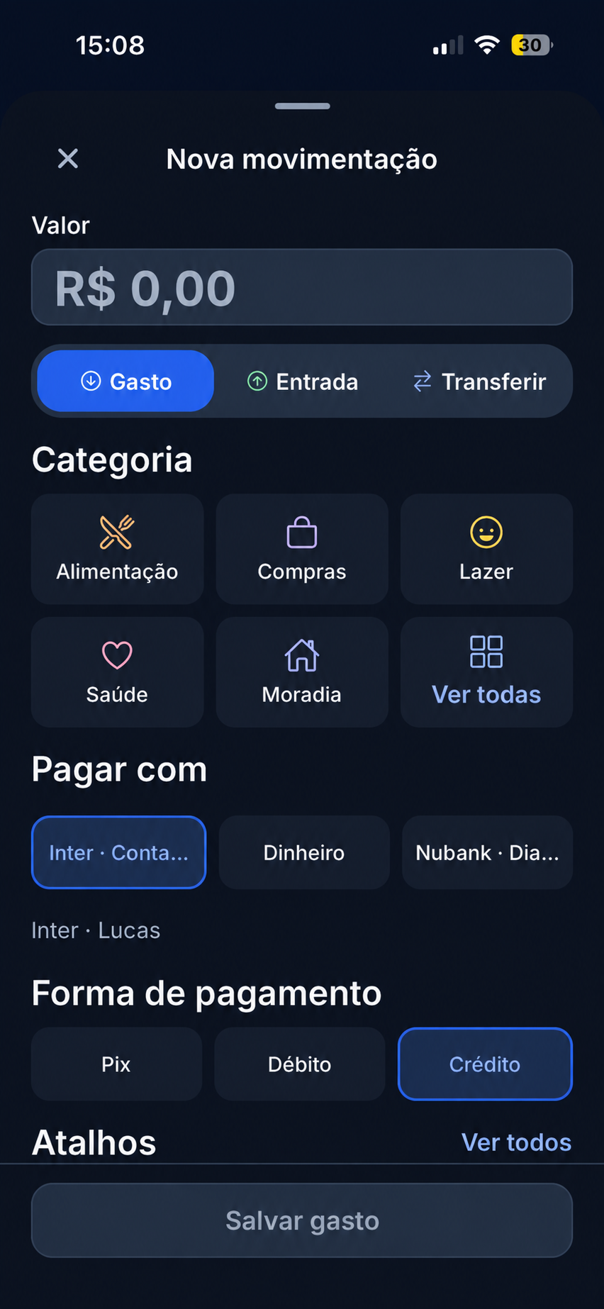Tela Nova movimentação do Sobra+: campo de valor, tipo (gasto, entrada ou transferir), categoria, forma de pagamento e botão Salvar gasto.